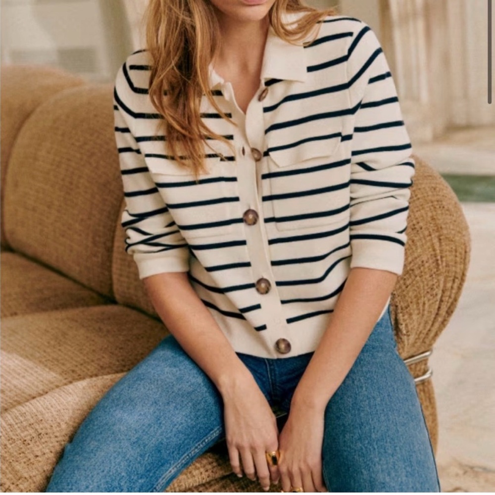 Sezane Betty Navy Striped Button-Up Cardigan - Picture 2 of 11